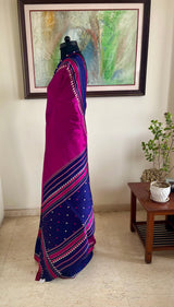 RAHI — MAGENTA KANJIVARAM WITH CONTRAST NAVY FLORAL BORDERS