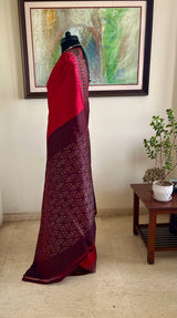 ARYAKI – BRICK RED POCHAMPALLY SILK WITH GEOMETRIC IKAT MOTIFS