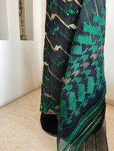 SURANJANA- BLACK JAMdANI SAREE WITH GREEN ZARI MOTIFS