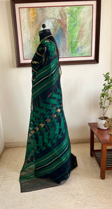 SURANJANA- BLACK JAMdANI SAREE WITH GREEN ZARI MOTIFS