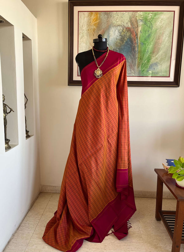 UTHIRA- VERSATILE KATTAM KANJIVARAM IN RUST BROWN WITH COLORFUL CHECKS