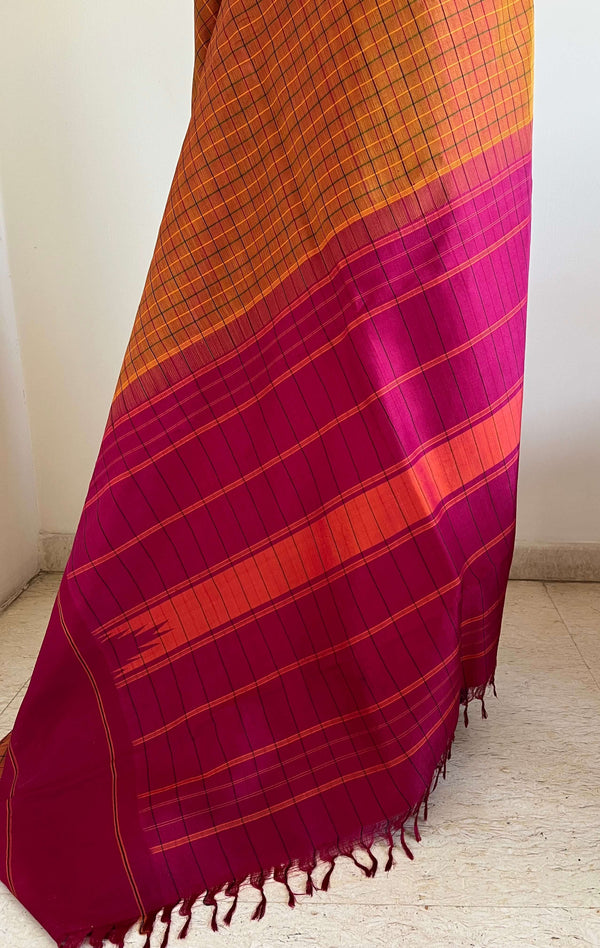 UTHIRA- VERSATILE KATTAM KANJIVARAM IN RUST BROWN WITH COLORFUL CHECKS