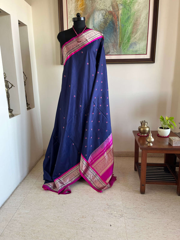 HARSHITA- STUNNING NAVY BLUE AND PINK ZARI KORVAI KANJIVARAM