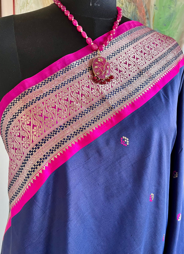 HARSHITA- STUNNING NAVY BLUE AND PINK ZARI KORVAI KANJIVARAM