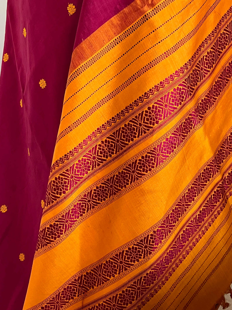 HASINI- MAGENTA KORVAI KANJIVARAM WITH ORANGE BORDER AND PETNI AANCHAL