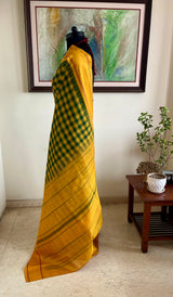 MEDHINI – MUSTARD TEMPLE BORDER ON GREEN CHECKED KANJIVARAM SILK