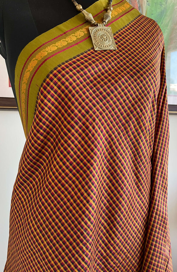 NIRVANI- BROWN KATTAM KANJIVARAM WITH PURPLE & MUSTARD CHECKS, PEACOCK MOTIFS, GREEN AANCHAL