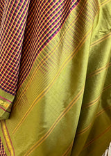 NIRVANI- BROWN KATTAM KANJIVARAM WITH PURPLE & MUSTARD CHECKS, PEACOCK MOTIFS, GREEN AANCHAL