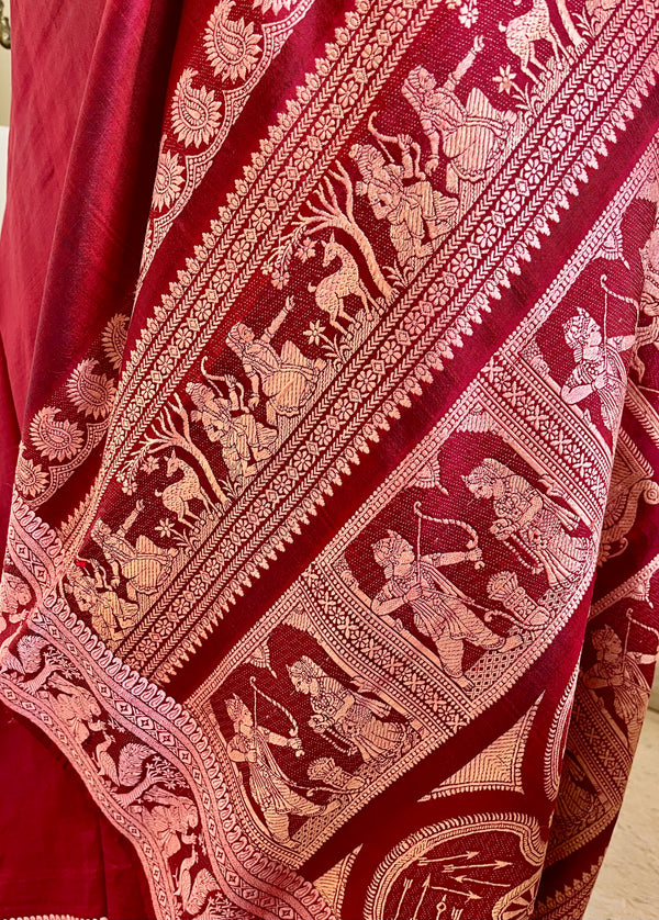 BHASWATI- MAROON BALUCHARI WITH PEACH WEAVES, MYTHOLOGICAL SCENES, AND FLORAL MOTIFS