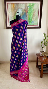 ISHRA - PURPLE DOUBLE IKAT POCHAMPALLY SAREE WITH MAGENTA AANCHAL
