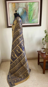 SURANGANA- BEIGE NAVY BALUCHARI SILK SAREE WITH RAMAYANA MOTIFS