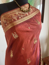 SAMBODHI- RUST BROWN SWARNACHARI SILK SAREE WITH MYTHOLOGICAL MOTIFS