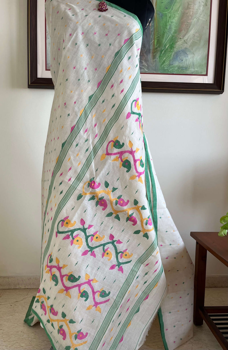 SRIJANI- OFF-WHITE TUSSAR AND COTTON JAMDANI WITH FLORAL MOTIFS