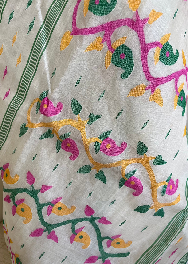 SRIJANI- OFF-WHITE TUSSAR AND COTTON JAMDANI WITH FLORAL MOTIFS