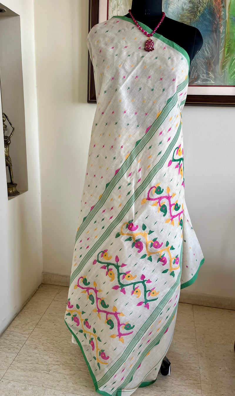 SRIJANI- OFF-WHITE TUSSAR AND COTTON JAMDANI WITH FLORAL MOTIFS