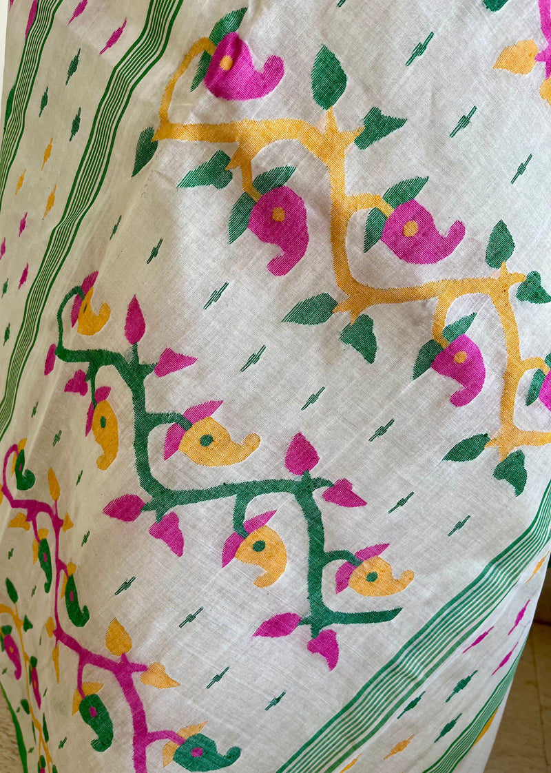 SRIJANI- OFF-WHITE TUSSAR AND COTTON JAMDANI WITH FLORAL MOTIFS