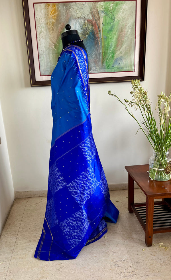 SRAVYA – VIBRANT BLUE POCHAMPALLY IKAT SAREE WITH ZARI RUDRAKSHA