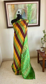 MANJUSHREE POCHAMPALLY IKAT STRIPES IN GREEN MUSTARD AND MAROON