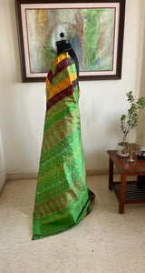 MANJUSHREE POCHAMPALLY IKAT STRIPES IN GREEN MUSTARD AND MAROON