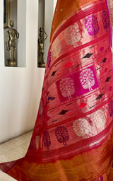 PARISHI- RUST BROWN PAITHANI WITH ZARI PEACOCK AANCHAL