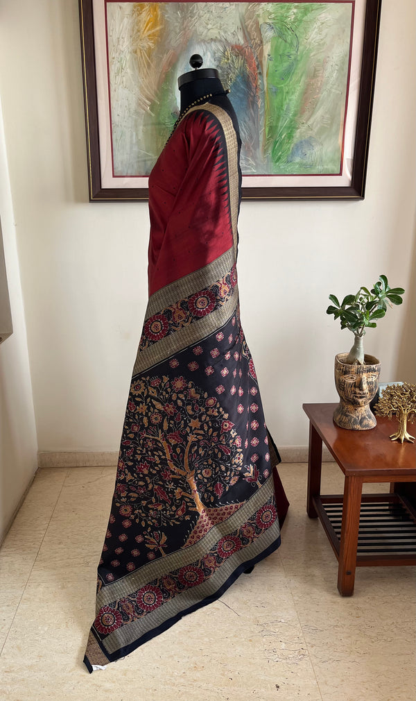 CHARITA – MAROON SAMBALPURI SILK WITH FLORAL TREE AANCHAL