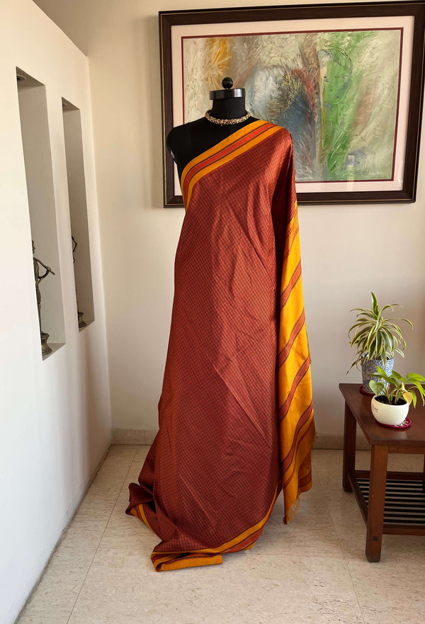 TAMIRA- KATTAM KANJIVARAM WITH RUST-BROWN CHECKS AND PINKISH RUST BORDER MOTIFS