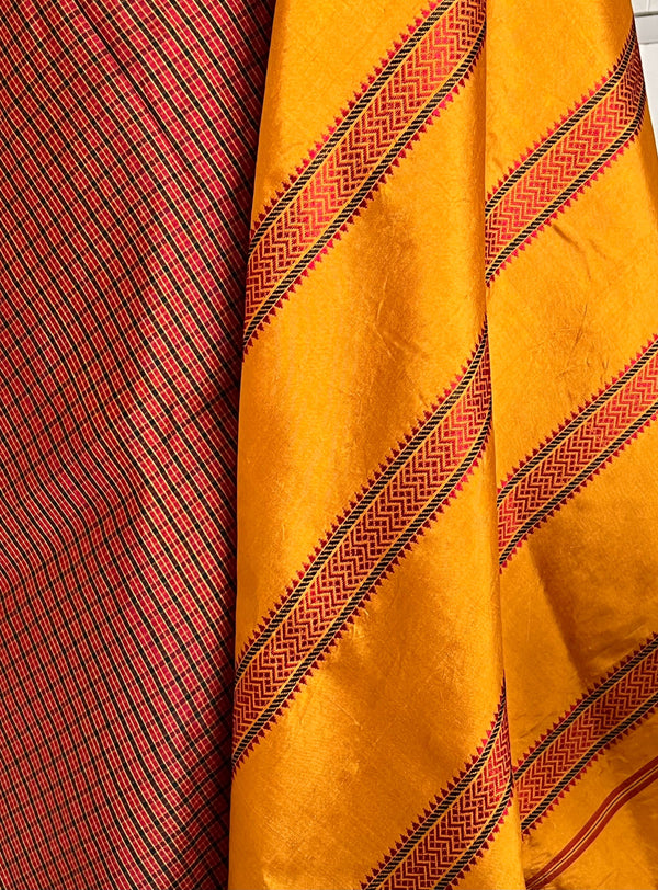 TAMIRA- KATTAM KANJIVARAM WITH RUST-BROWN CHECKS AND PINKISH RUST BORDER MOTIFS