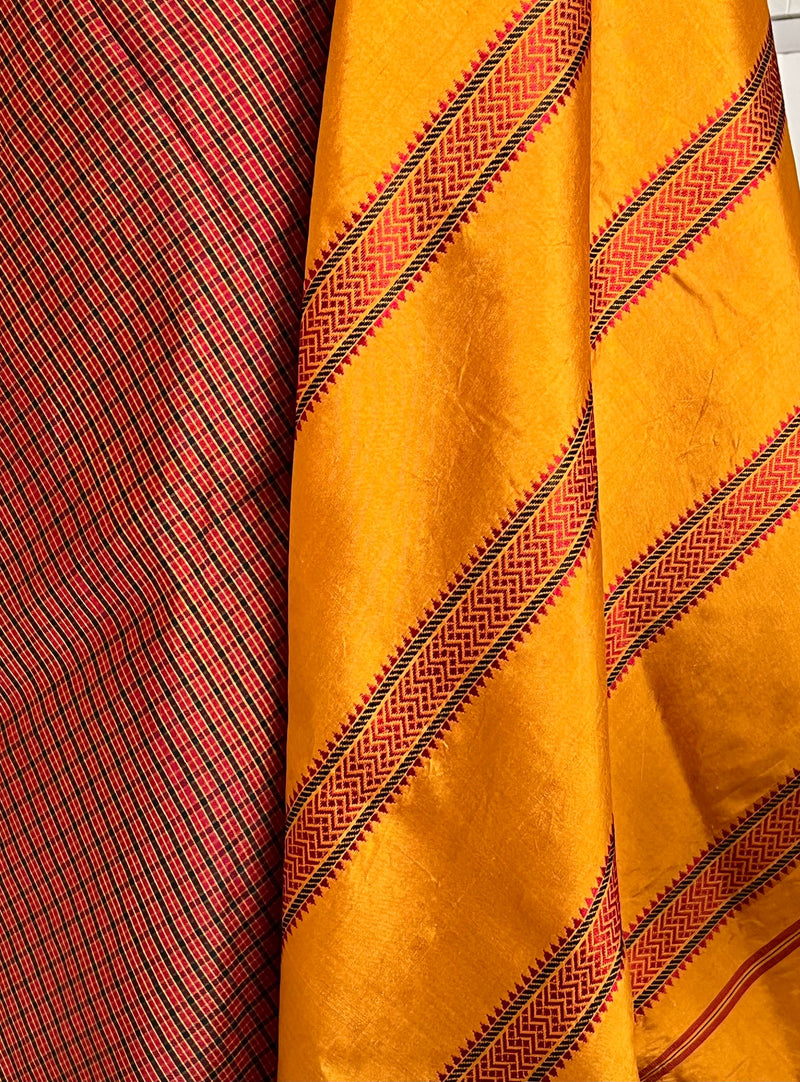 TAMIRA- KATTAM KANJIVARAM WITH RUST-BROWN CHECKS AND PINKISH RUST BORDER MOTIFS