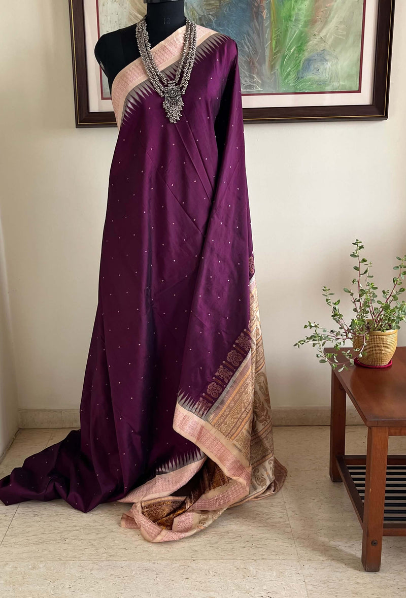 SURABHI- WINE BOMKAI SILK WITH PINK RUDRAKSHA BORDER & INTRICATE AANCHAL