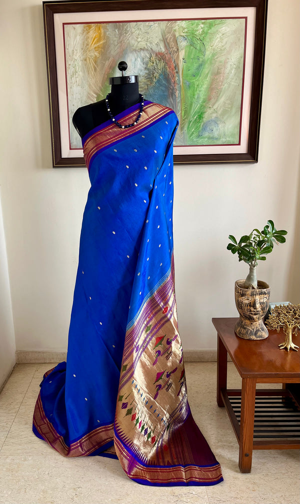 KALVITHA – BLUE PAITHANI WITH NARALI BORDER AND MOR AANCHAL