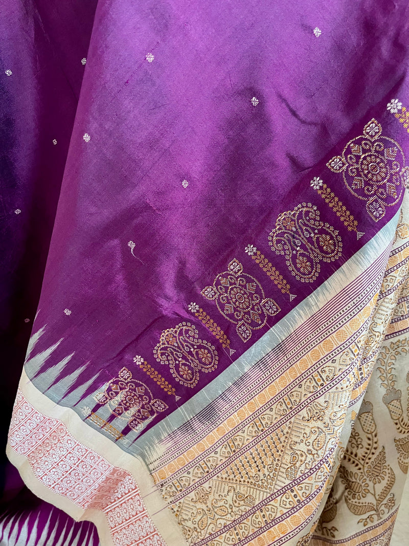 SURABHI- WINE BOMKAI SILK WITH PINK RUDRAKSHA BORDER & INTRICATE AANCHAL