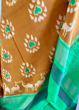 SAHELI- ELEGANT BROWN PATOLA IKKAT SAREE WITH ZARI BORDER & UNIQUE MOTIFS