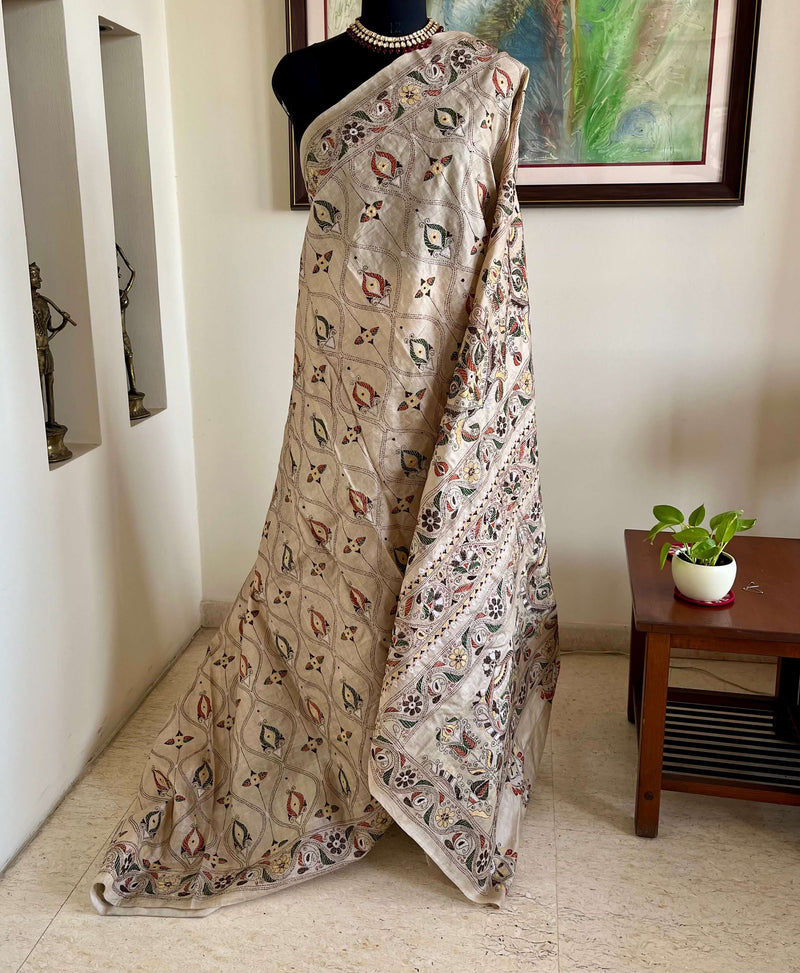 LABONITA- EXQUISITE TUSSAR KANTHA SAREE WITH LARGE TEARDROP AND FLORAL MOTIFS