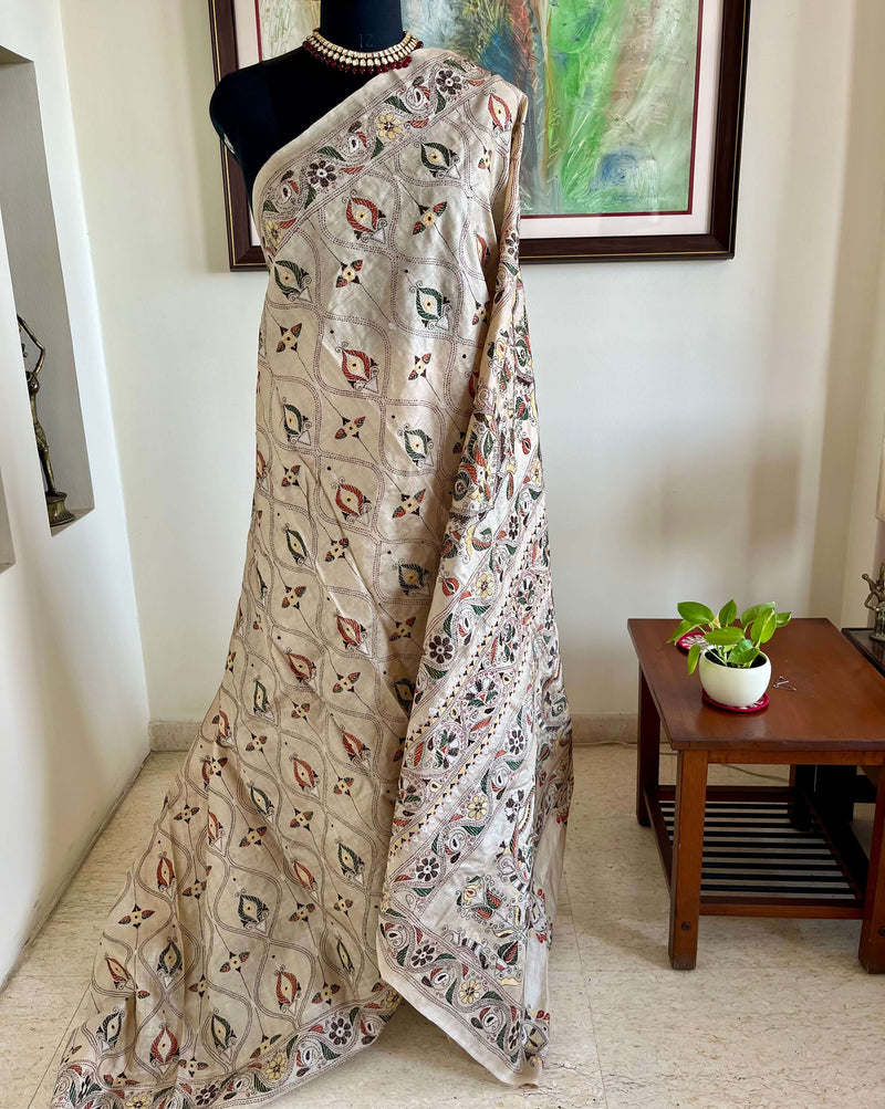 LABONITA- EXQUISITE TUSSAR KANTHA SAREE WITH LARGE TEARDROP AND FLORAL MOTIFS