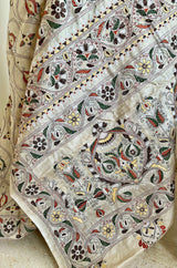 LABONITA- EXQUISITE TUSSAR KANTHA SAREE WITH LARGE TEARDROP AND FLORAL MOTIFS