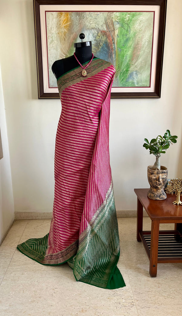KANGAN – HALF PINK HALF GREEN VINTAGE SATIN SILK BANARASI SAREE
