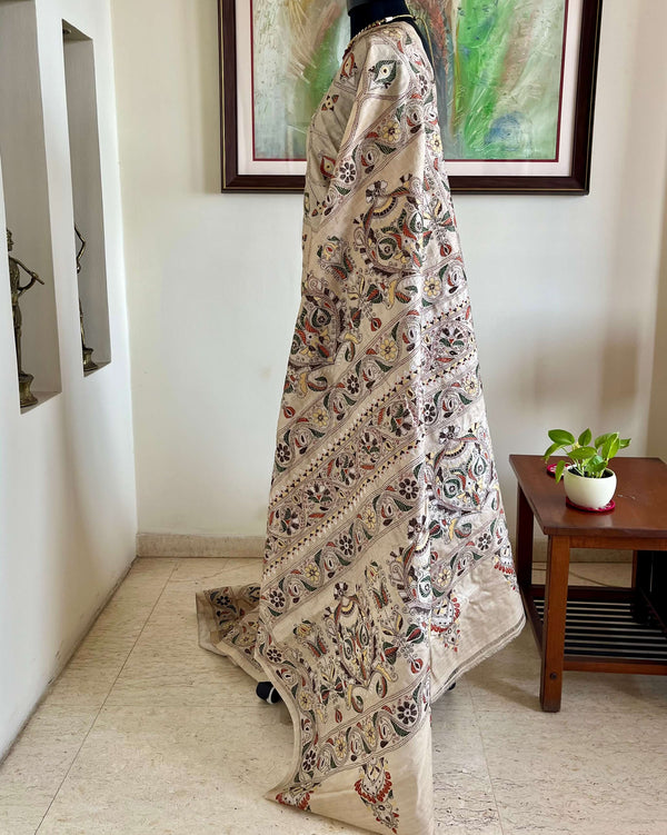 LABONITA- EXQUISITE TUSSAR KANTHA SAREE WITH LARGE TEARDROP AND FLORAL MOTIFS