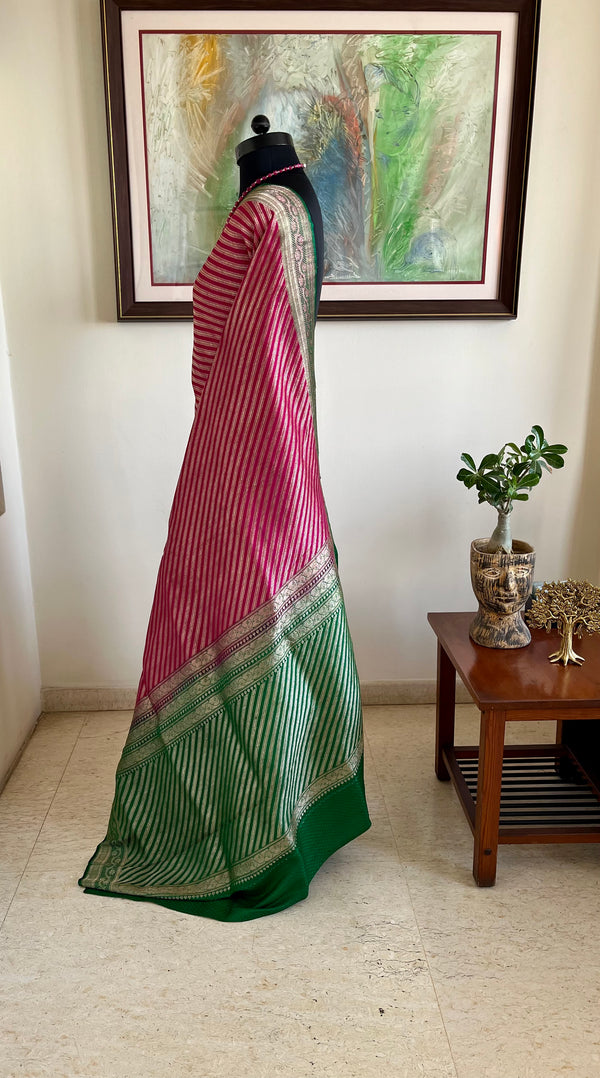 KANGAN – HALF PINK HALF GREEN VINTAGE SATIN SILK BANARASI SAREE