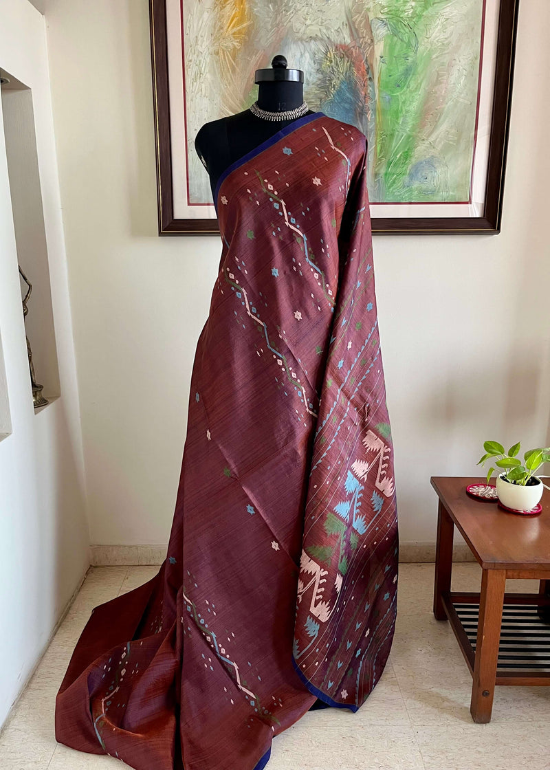 CHAITASI- WINE MAROON TUSSAR JAMDANI SAREE WITH BLUE, PEACH & GREEN MOTIFS