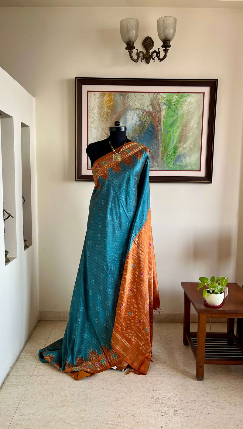 SHRITA- ELEGANT SHOT BLUE POCHAMPALLY SILK SAREE WITH RUST BROWN CHECKS