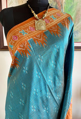 SHRITA- ELEGANT SHOT BLUE POCHAMPALLY SILK SAREE WITH RUST BROWN CHECKS