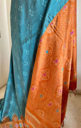 SHRITA- ELEGANT SHOT BLUE POCHAMPALLY SILK SAREE WITH RUST BROWN CHECKS