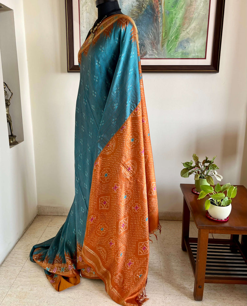 SHRITA- ELEGANT SHOT BLUE POCHAMPALLY SILK SAREE WITH RUST BROWN CHECKS