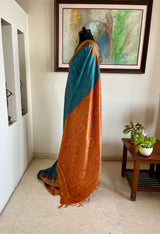 SHRITA- ELEGANT SHOT BLUE POCHAMPALLY SILK SAREE WITH RUST BROWN CHECKS