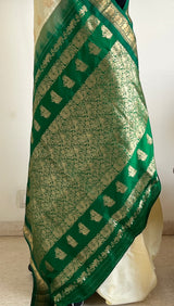 AARUTHIRA- ELEGANT CREAM KANJIVARAM SAREE WITH GREEN ZARI PEACOCK BORDER & BOOTIS