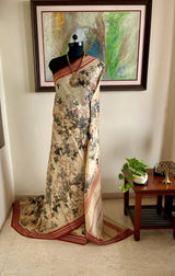 MEHALIKA- RUST-EDGED CREAM VIDARBHA TUSSAR SAREE WITH HAND-PAINTED LOOK