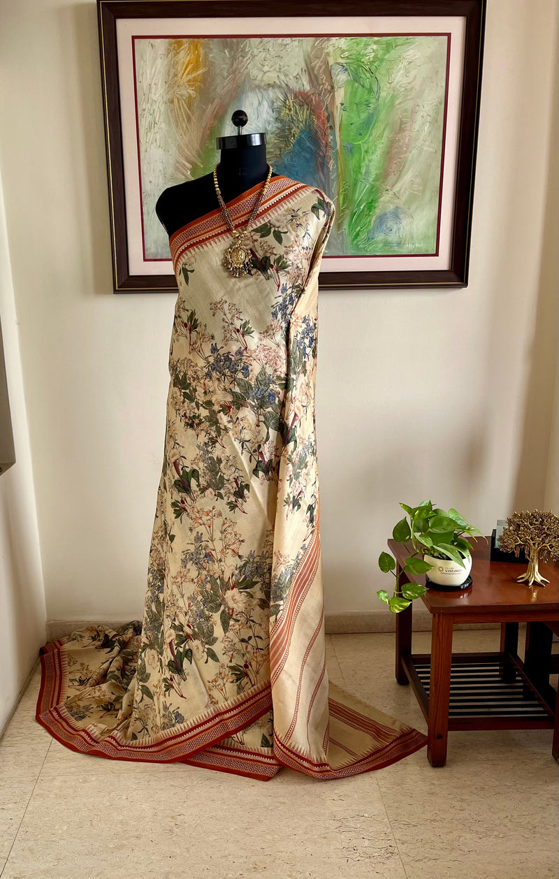 MEHALIKA- RUST-EDGED CREAM VIDARBHA TUSSAR SAREE WITH HAND-PAINTED LOOK