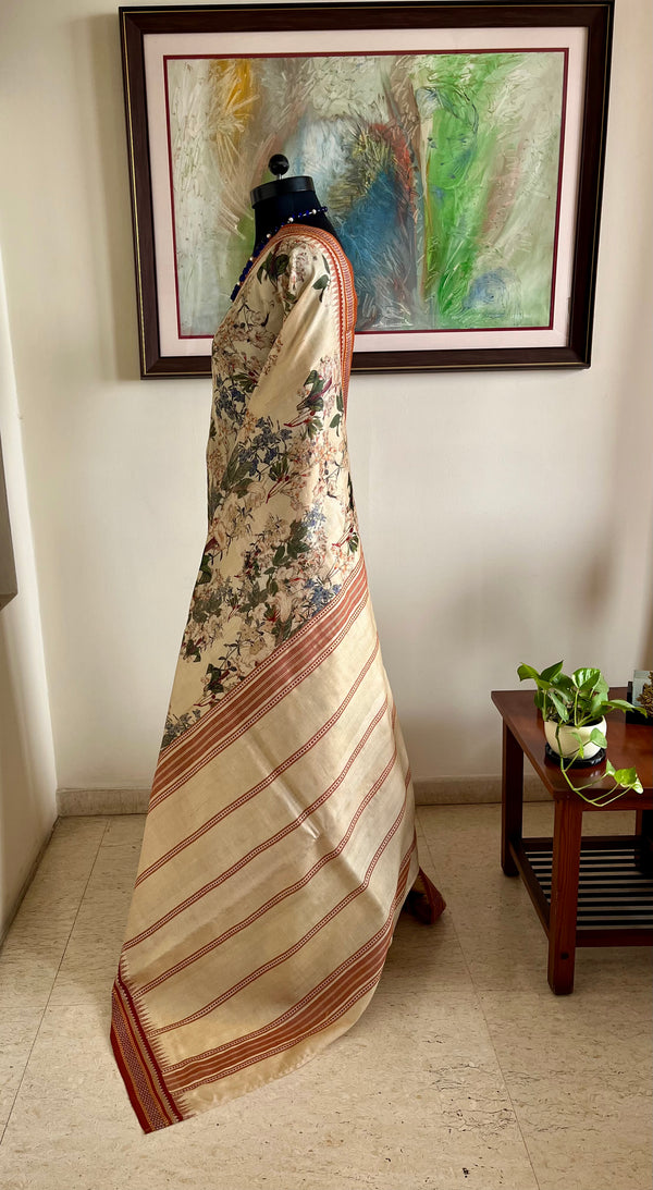 MEHALIKA- RUST-EDGED CREAM VIDARBHA TUSSAR SAREE WITH HAND-PAINTED LOOK