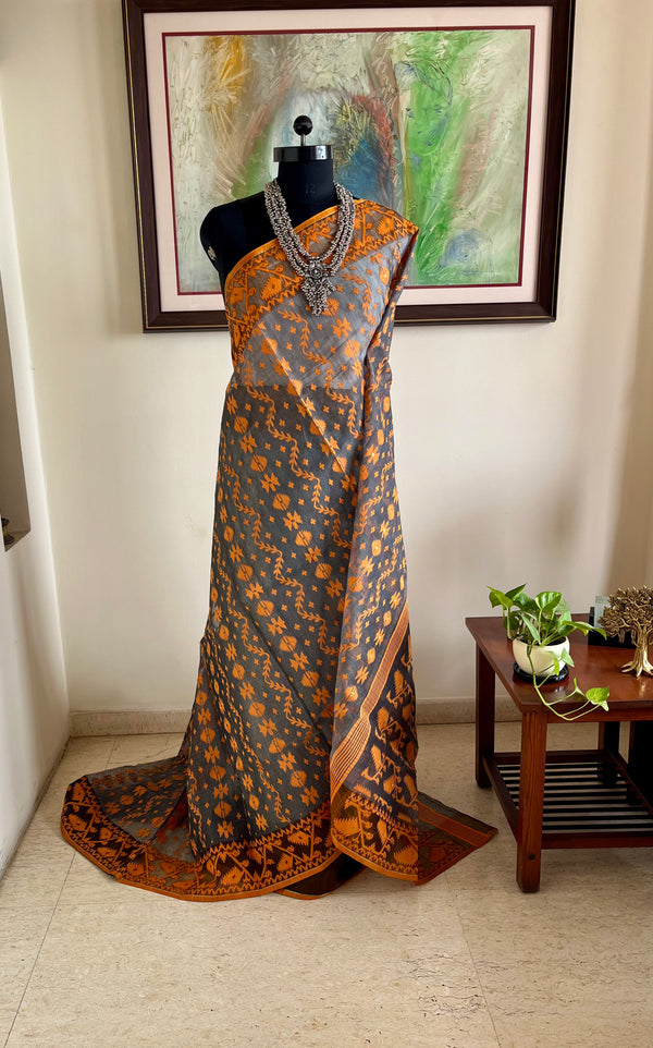 ARPITA – GREY AND ORANGE JAMDANI WITH ZARI DETAILING