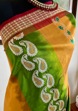 NIBHA - BOMKAI SILK WITH GREEN MUSTARD BANDS AND RUDRAKSHA BORDER